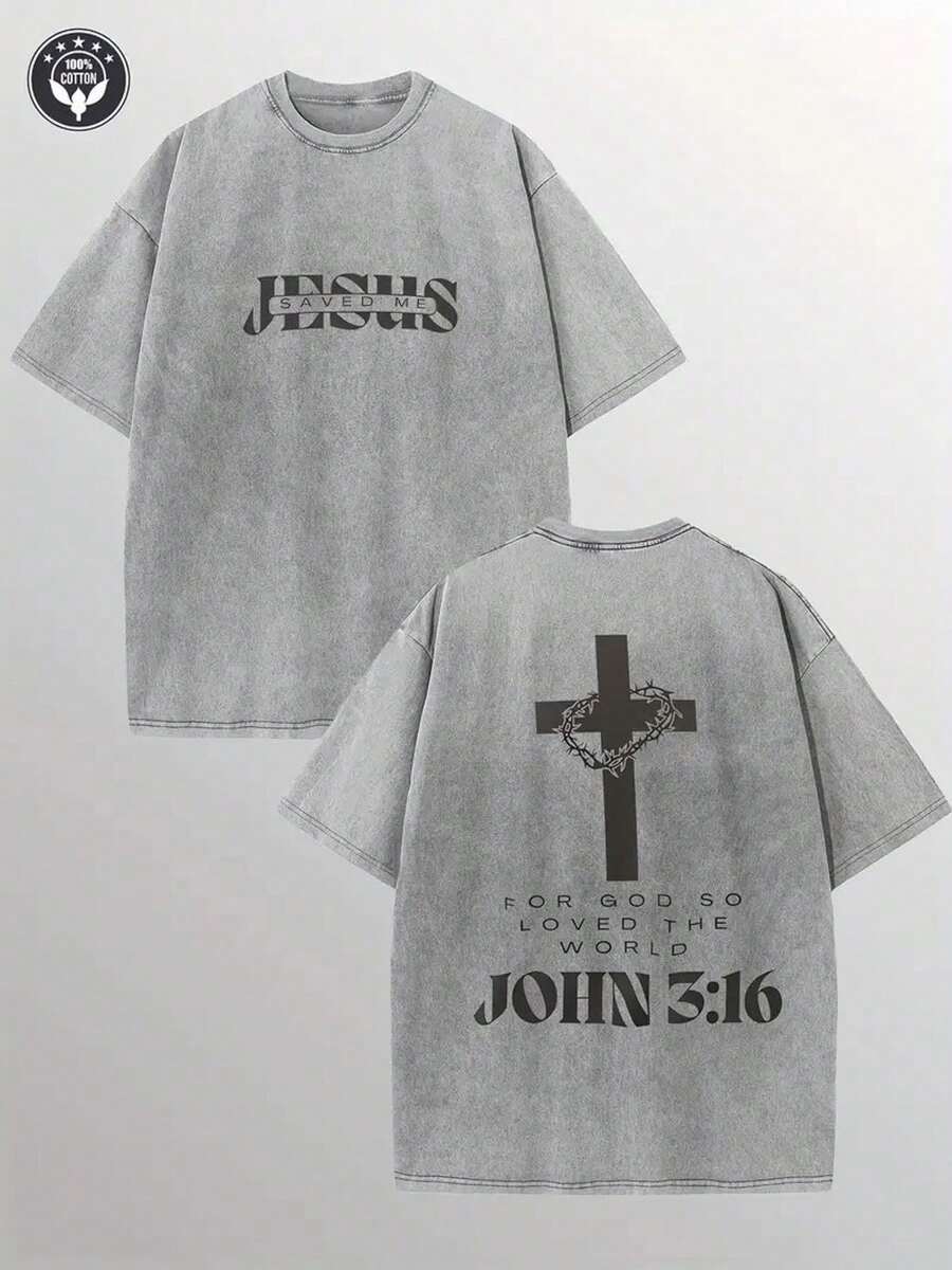 1pc, 230G Double-Sided Washed Jesus Saved Me Printed T-Shirt, High-Quality Wax Printed Cotton Retro Fashion Brand T-Shirt, Suitable For Summer T-Shirts With A Certain Thickness, Holiday GiftRound Neck Cotton Women's T-Shirt - 灰色 - 查看 1