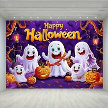 1pc Halloween Ghosts And Pumpkin Background - Indoor/Outdoor Festive Decoration Hanging Banner, Durable, No Power Required, Vivid Cartoon Soul Design, Suitable For Halloween Celebrations, Halloween Decorations, Festive Decorations, Horror Themes, Easy To Set Up, Party Planner