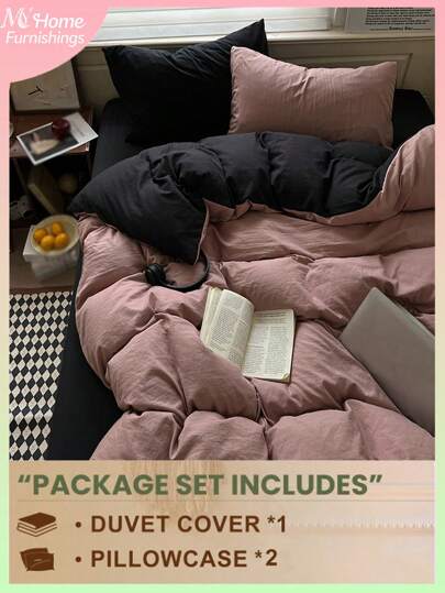 3 件套粉色和黑色超柔软宿舍床上用品套装，亲肤透气羽绒被套和枕套，无需填充，可机洗，返校床上用品