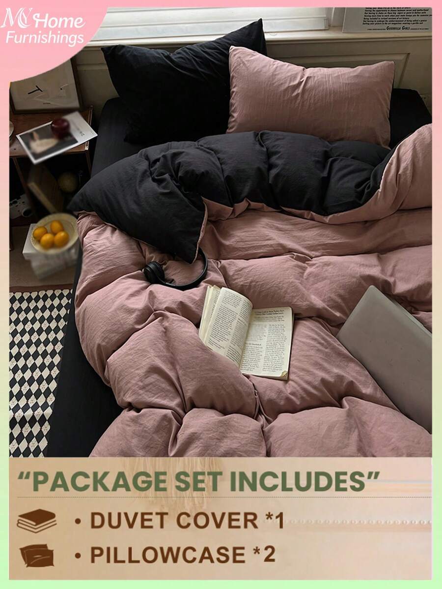 3 件套粉色和黑色超柔软宿舍床上用品套装，亲肤透气羽绒被套和枕套，无需填充，可机洗，返校床上用品