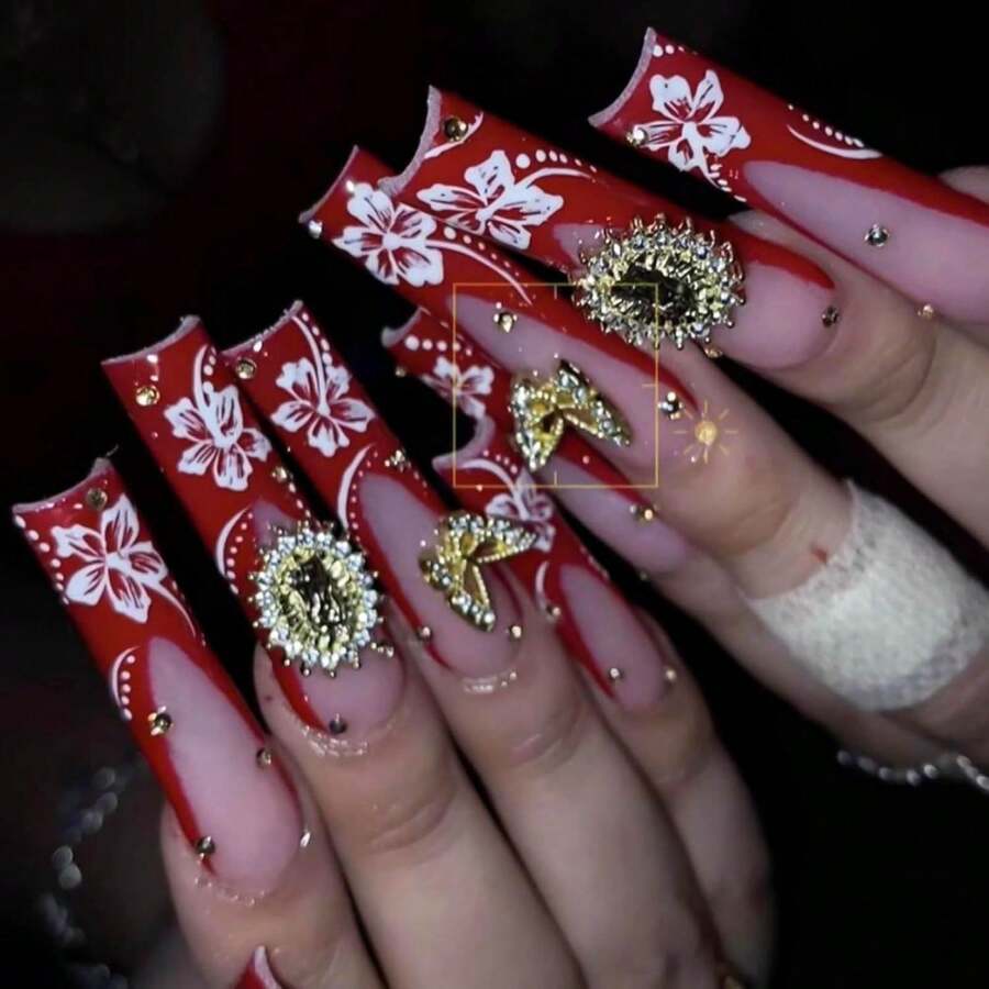 Long Press On Nails Square Fake Nails Red French Tip False Nails With Gold Butterfly Charms Designs Full Cover Glue On Nails Sparkly Artificial Nails Cute Stick On Nails For Women 24Pcs - 長款-C5C40 - 查看 1