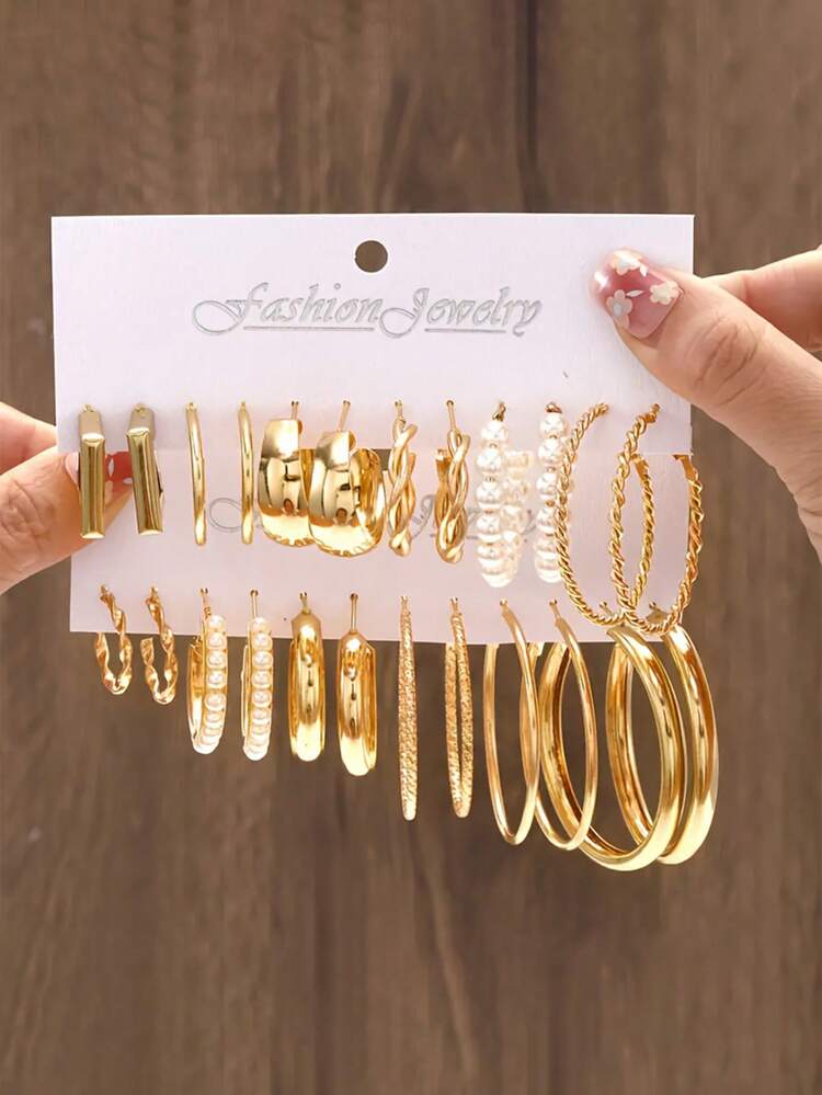 48pcs/Set Minimalist Cute Heart, Butterfly, Flower, Snake Lock, Mushroom, Shell Rhinestone Earrings Set, Gift For Women, Daily Wear - Yellow Gold - View 3