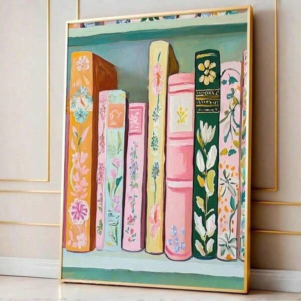 1pc Unframed Colorful Book Stack Reading Poster Bookish Preppy Art Painting Canvas Print Minimalist Wall Picture For Dorm,Apartment,Study Room,Living Room,Bedroom,Modern Home Decoration