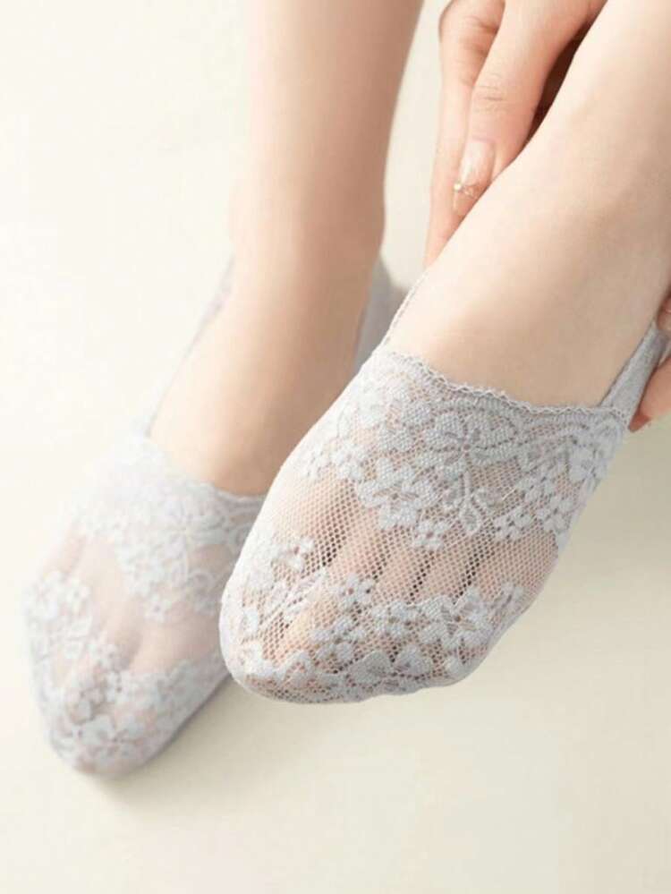 1/5双非纸板女士春夏休闲浅口船袜樱花蕾丝硅胶防滑隐形短袜日常休闲蕾丝透气隐形船袜 - 彩色 - 查看 3