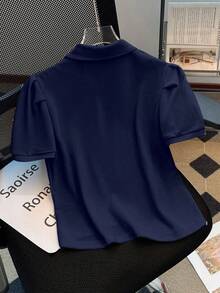 Tween Girl Butterfly Embroidery Polo Collar Back To School Short Sleeve T-Shirt, Saudi National Day - Navy Blue - View 2