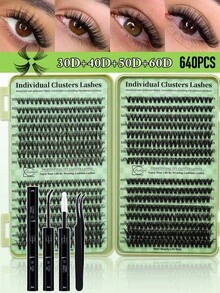 Cluster Lashes Book Kit, 640PCS/384PCS Lash Clusters D Curl Mixed 10-16mm Mega Volume Individual Lashes Wispy Lashes, 4 Styles In One Tray, Kit With BOND&SEAL And Lash Applicator For DIY At Home, Beginner Friendly - màu đen - Xem 10
