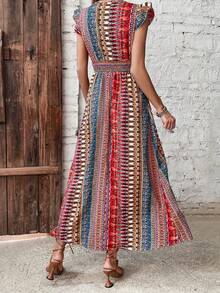 Women Summer Side Split Dress Flying Sleeve V Neck Pattern Print Dress For Party Club - 紅色 - 查看 4