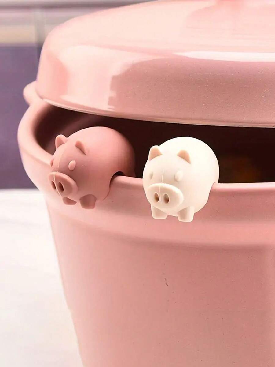 1 pieza Tapete de silicona antiderrame para ollas (color aleatorio), 1 pieza Sujetador de olla con forma de cerdo de plástico lindo, Sujetador de borde de olla antiderrame, Sujetador de tapa de olla ovalada, Diseño de cerdo rosa lindo, Tapete de olla resistente, Adecuado para ollas, sartenes y tapas de ollas, Herramienta antiderrame de cocina, Suministros de cocina divertidos, Tacto suave