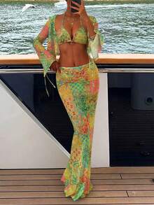 Bohemian Style Chiffon Printed Romantic Sexy Beachwear 4-Piece Set: Swimsuit, Cover-Up, Skirt