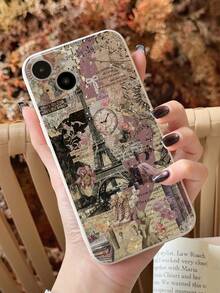 1 件复古拼贴埃菲尔铁塔时钟花朵蝴蝶猫眼仿古白色全覆盖手机壳适用于 11/12/13/14/15/16 Pro Max 防水防震防摔防刮
