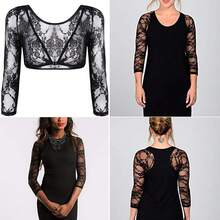 Women Summer Sexy Blouse, Lace Sheer Deep V-Neck Long-Sleeves Tight-Fitting Crop Top For Girls, Black/White - 黑色 - 查看 4