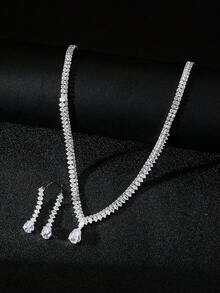 3 件奢华闪亮水晶锆石项链 + 耳环首饰套装，派对、舞会、婚礼、节日的最佳配饰 - 銀色 - 查看 3