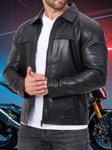 Men's Sports PU Leather Jacket, Zipper Pockets, Lapel Collar Top Outerwear, Couple Style Racing Motorcycle Casual