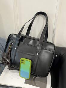 Bolso de mano minimalista de estilo oficinista, bolso de mano de mujer de moda en PU, bolso de hombro de gran capacidad de unicolor y personalizado para el trabajo - Negro - Ver 3