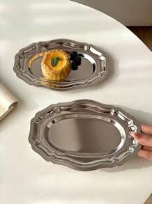 1pc Vintage French Stainless Steel Oval Tray, Retro Floral Oval Plate, Dessert Dish Tableware