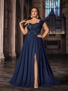 Elisanya Sanft elegantes einfarbiges Chiffon-Kleid in Große Größen mit Pailletten-Einsätzen, trägerlos und mit Schlitz - marineblau - Übersicht 3
