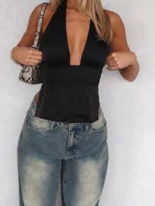 Women's Halter Neck Deep V - Neckline Top, Backless Design With Tie Detail, Satin - Like Fabric, Ideal For Party Nights, Casual Outings And Spring/Sum - màu đen - Xem 1