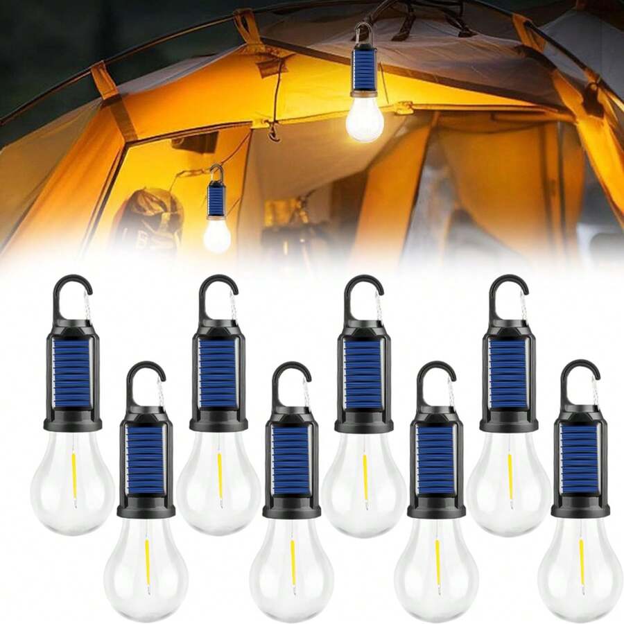 4-Pack Solar Rechargeable Hooked Camping Light, LED Solar Tent Lights Battery Powered With Clip Hook, Portable Outdoor Waterproof Emergency Light Bulb For Hiking, Camping, Fishing - Yellow Light - View 1