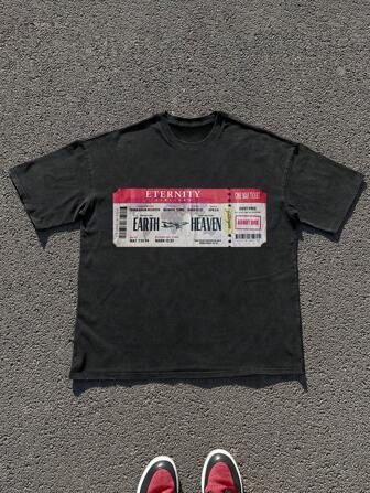 1 件男士圆领短袖 T 恤，复古雪洗工艺，棉质 T 恤，图案，节日礼物