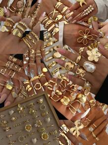 51/34/15/3pcs Vintage, Boho, Minimalist Elegant Retro Design Layered Rings Set, Flower, Bow, Pearl, Twisted, Heart, Rhinestone, Leaf, Moon, Star, Eye, Geometric, Cross, Chunky Rings, Suitable For Holiday, Party, Date, Gift, Daily Wear (Random Delivery)