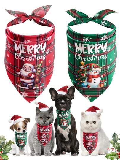 2pcs Christmas Dog Bandanas, Green And Red Buffalo Plaid, Cute Santa Claus Snowman Pattern Pet Bibs Scarf - Adjustable Tie Closure - For Small, Medium, Large Dogs/Cats Perfect For Christmas Costumes & Parties Pet Costume Accessories