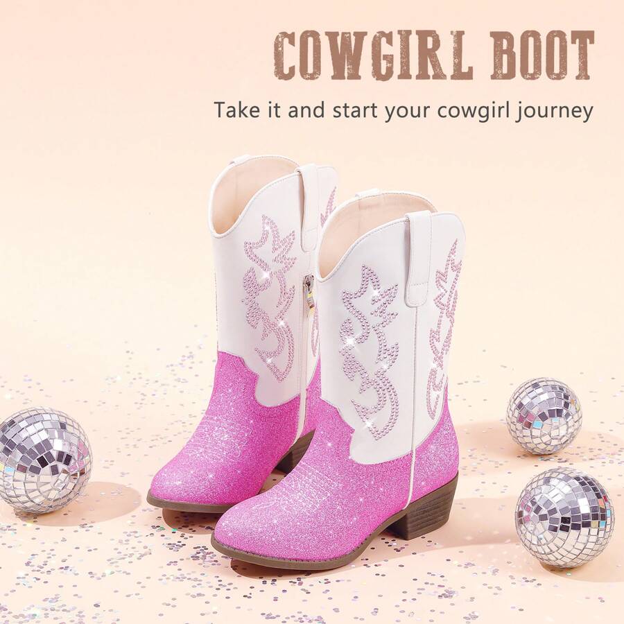 Girls Pink Glitter And White PU Western Cowboy Boots Pointed Toe Mid Calf Rhinestone Riding Cowgirl Boots For Toddler Little Big Kids Party School Holiday Dress Up - 粉拼白 - 查看 1