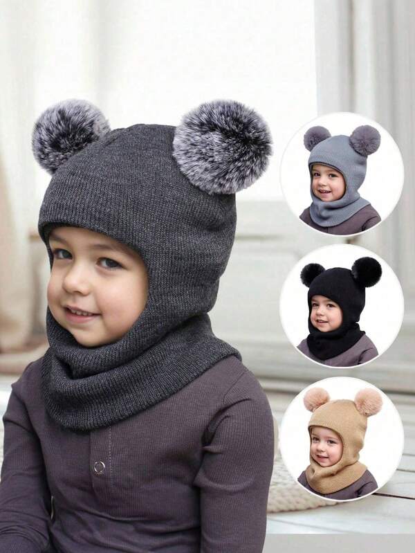 1 pieza Gorro de punto con pompones dobles suave y cálido para niños de 1 a 8 años, diseño casual y lindo, adecuado para uso al aire libre y diario