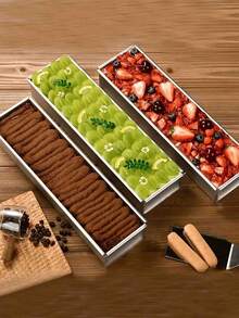 LINKOOL 优质铝制提拉米苏和芝士蛋糕烤盘 - 矩形，配有可拆卸隔板，坚固的底座，适合制作完美的慕斯蛋糕 - 耐用的厨房必需品，手工制作，可移动带子，可拆卸隔板 - 金屬銀 - 查看 2