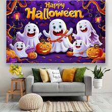 1pc Halloween Ghosts And Pumpkin Background - Indoor/Outdoor Festive Decoration Hanging Banner, Durable, No Power Required, Vivid Cartoon Soul Design, Suitable For Halloween Celebrations, Halloween Decorations, Festive Decorations, Horror Themes, Easy To Set Up, Party Planner