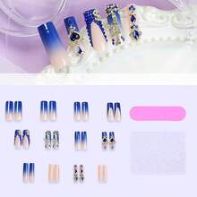 Long Square Press On Nails French Tip Fake Nails Blue False Nails With Gold Charms Designs Sparkly Artificial Nails Long Square Glue On Nails Cute Stick On Nails For Women 24Pcs - 長款-C5C38 - 查看 3