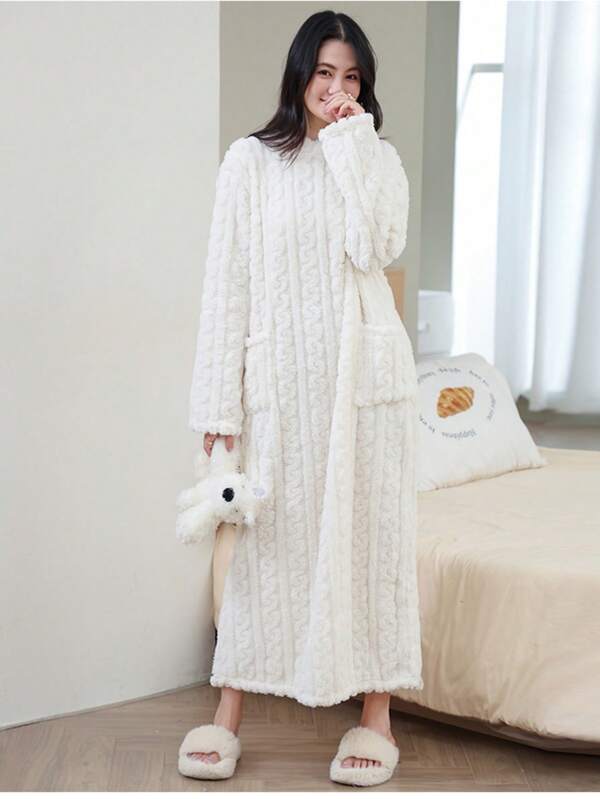 1 Stück Korallenfleece Nachtwäsche für Frauen, dick und warm, weite Korallenfleece Loungewear Robe, geeignet für Lässig Bekleidung, Herbst/Winter