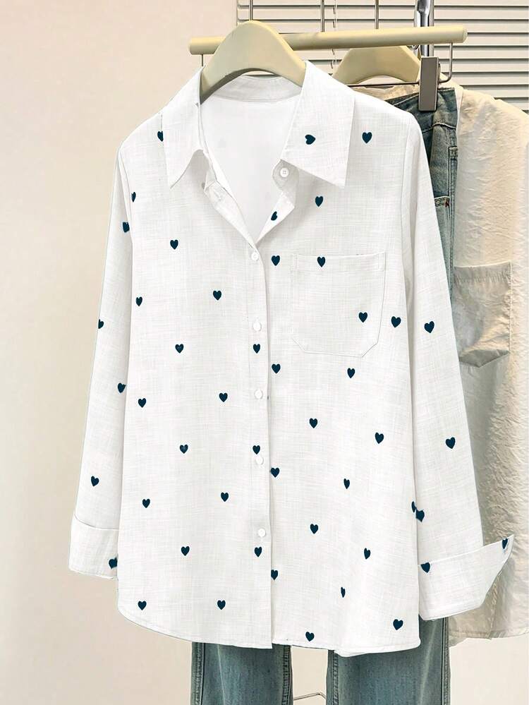 Camisa polo de manga larga con bolsillo y estampado de corazón de unicolor básico casual para mujer, adecuada para uso diario en , verano y otoño - Blanco - Añade 4
