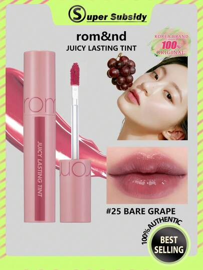 Rom&nd Romand Juicy Lasting Tint #25 Uva desnuda, color vibrante, brillo hidratante, tinte de labios coreano, MLBB (My Lips But Better), ligero y suave, muy hidratante, no pegajoso, cosméticos coreanos, set de regalo