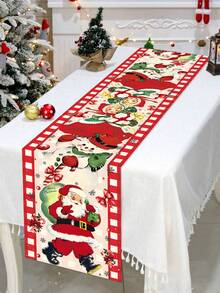 1pc Christmas Theme Tablecloth, 35x180cm, Vintage Style Pattern Design With Santa Claus & Snowman Motif, Suitable For Christmas Dining Room & Living Room Decor, Family Gathering, Winter Textile.