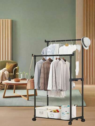 1pc Floor Standing Coat Rack, Bedroom Small Clothes Hanger Rack, Dual Bar Garment Rack, Multi-Functional Wardrobe Rack For Hanging And Displaying Clothes, Portable Clothes Rack, Storage Rack, Room Decor, Suitable For Bedroom, Living Room, Balcony, Indoor Movable Simple Multi-Layer Storage Rack