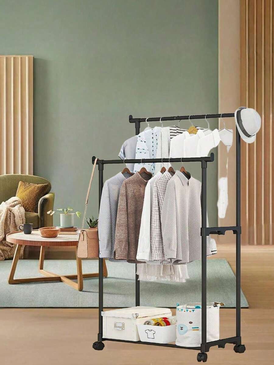 1 pieza Perchero de pie, Perchero pequeño para ropa de dormitorio, Perchero de barra doble, Perchero multifuncional para colgar y exhibir ropa, Perchero portátil, Estantería de almacenamiento, Decoración de habitación, Adecuado para dormitorio, sala de estar, balcón, Estantería de almacenamiento móvil de interior de varias capas simple