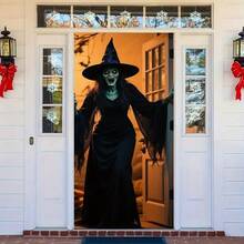 1pc Halloween Door Curtain Banner, Evil Red-Eyed Open Mouth Witch Design 2D Banner, Spooky Halloween Decor, Suitable For Home Decor, Doorway, Patio And Garden, Durable Polyester Material, Halloween Decoration