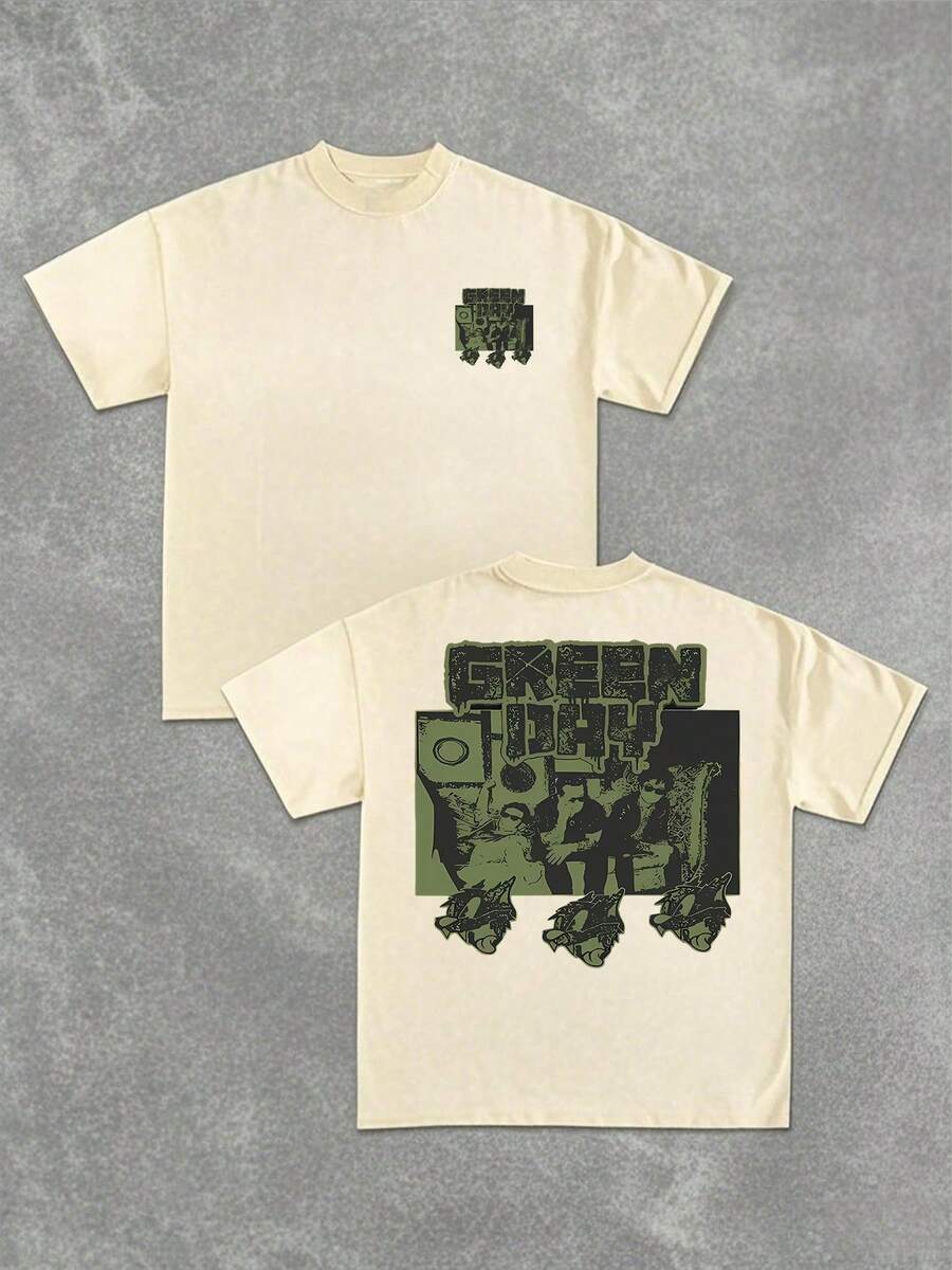 Band Graphic T-Shirt 100% Cotton  Olive Green Print  Retro Vintage Vibe Casual Short Sleeve Tee  Men's Fashion - 杏色 - 查看 1