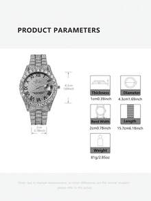 1Pc Luxury Diamond Roman Numeral Day-Date Display Stainless Steel Silver Men's Quartz Watch Sparkling Statement Accessory​ - Silver - View 7