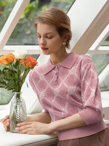 Simple Retro Áo len dệt kim họa tiết hoa diên vĩ Ariana theo phong cách tối giản cổ điển. - Hồng - Xem 5