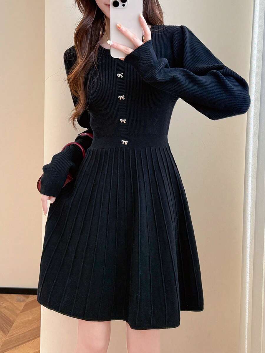 Alicedudu Women's Elegant Bow Button Design Knitted Sweater Dress, Autumn/Winter - Black - View 1