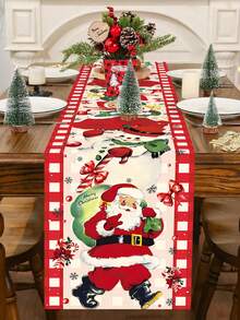1pc Christmas Theme Tablecloth, 35x180cm, Vintage Style Pattern Design With Santa Claus & Snowman Motif, Suitable For Christmas Dining Room & Living Room Decor, Family Gathering, Winter Textile.