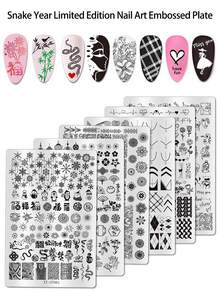 1 Peça Placa de Carimbo de Arte de Unhas, Edição Limitada do Ano da Cobra, Fogos de Artifício Estilo Chinês, Modelo de Carimbo de Unhas com Padrões Florais, Placa de Carimbo de Arte de Unhas, Placa de Carimbo de Gel de Unhas, Floco de Neve, Pinguim, Bambu, Pássaro, Grade, Batimento Cardíaco, Coração, Letra, Lábio, Rosa, Figura, Estampa Xadrez Francês Ferramenta de Arte de Unhas