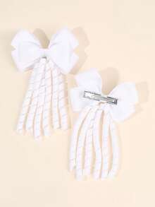2 piezas Clips para el cabello con lazo y borlas blancas, estilo universitario, adecuados para que las niñas los usen el primer día de clases - Blanco - Ver 4