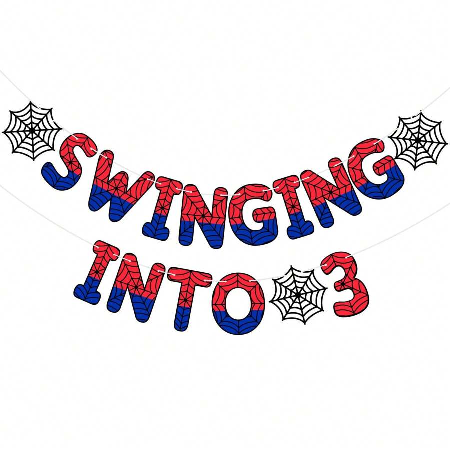 1Set,Spider Theme 3rd Birthday DIY String Banner, Swinging Into 3 Banner, Ghost Spider 3rd Birthday Decorations Party Supplies, Third Decor For 3 Year Old