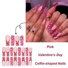 Valentine Pink Press On Long Square Fake Nails: French Tip, False With Heart Designs, Sparkly Artificial, Cute Stick On Nails (24Pcs) - 長款-C5C39 - 查看 2