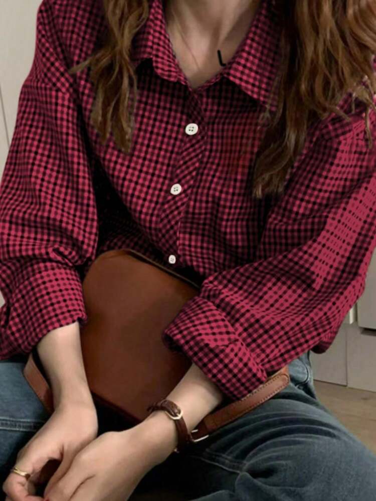 Camisa a cuadros casual/de trabajo para mujer de talla grande, con cuello clásico, cierre de botones delantero y longitud regular - Rojo - Añade 1