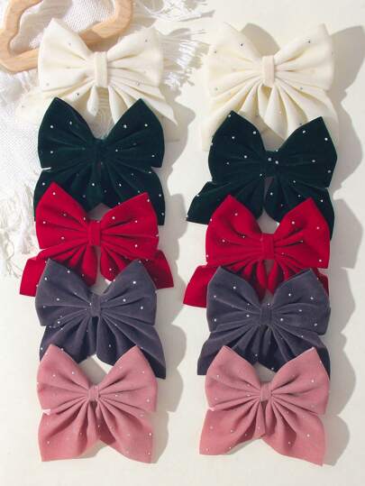 10 peças/conjunto de presilhas de cabelo com laços fofos favoritos para meninas, laços de veludo embelezados com strass, cor sólida, acessórios de cabelo em liga metálica, presentes para crianças