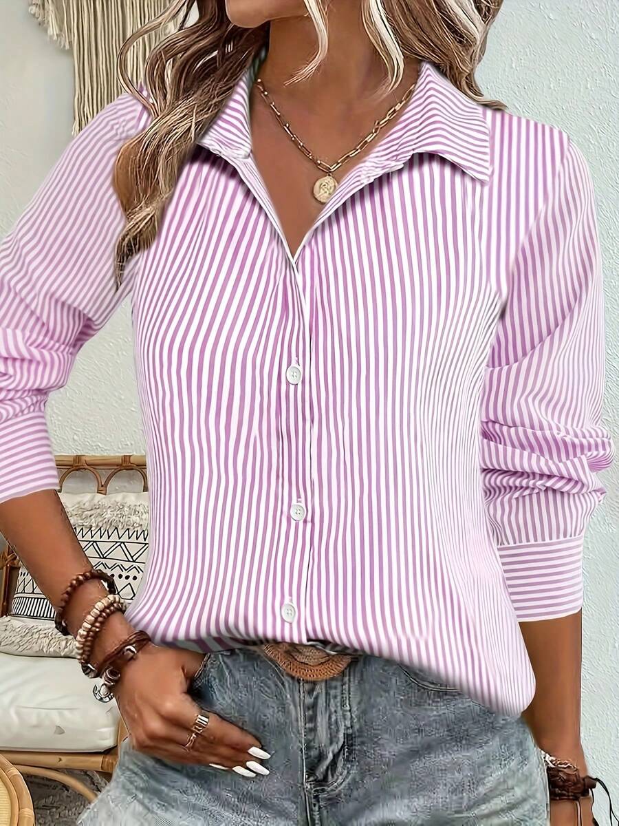 Women's Autumn/Winter New Striped Print Long Sleeve Blouse, Elegant Top For Commuting