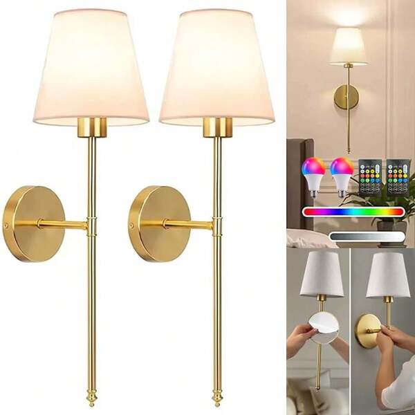 Upgraded No-Drill Modern LED Wall Sconce | RGB Rechargeable Bulb With Remote Dimming | Black/Gold Options | Easy Installation For Living Room, Bedroom, Study, Dining Room Decor